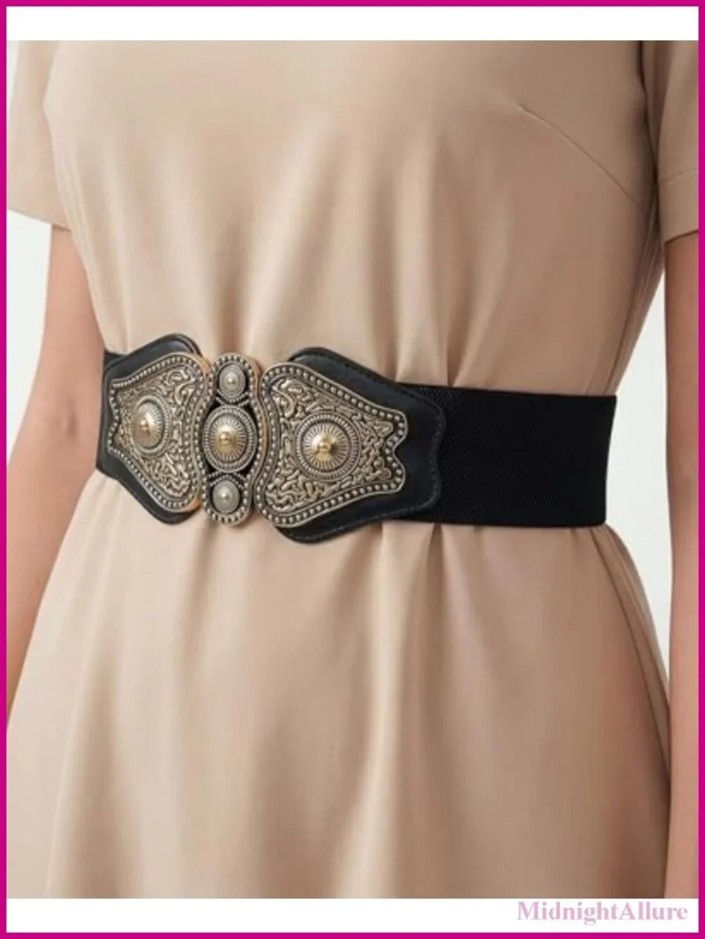 Faux Leather Elastic Wide Belt with Antique Buckle Clasp